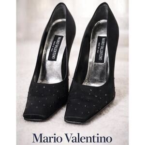 Mario Valentino Black Satin Heels Pumps Rhinestone Square Toe Made in Italy 39.5